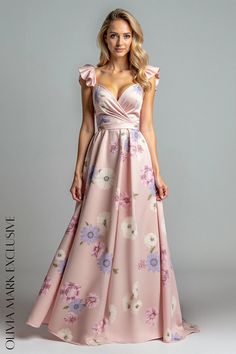 Olivia Mark - Elegant Blush Floral Gown with Ruffled Cap Sleeves and Wrap Front Floral Gown, Pink Lavender, Gentle Touch, Cinched Waist, Olivia Mark, Elegant Dresses, Blush Pink, Cap Sleeves, Lavender