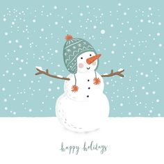 a snowman wearing a green hat and scarf with the words happy holidays written on it