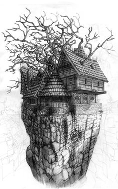 a drawing of a house on top of a cliff with trees growing out of it