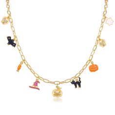 PRICES MAY VARY. 💀Charming Halloween-Themed Design💀: This Halloween charm necklace is the perfect accessory for celebrating the spooky season. Featuring a delightful assortment of meticulously crafted charms including a menacing skull, a sleek bat, a candy treat, a classic witch hat, a grinning pumpkin, a mysterious black cat, and an eerie ghost, each piece is designed to capture the essence of Halloween. These charms dangle elegantly from a 3mm thick paper clip chain, creating a fashionable s Gothic Necklaces For Halloween Costume Party, Spooky Halloween Jewelry For Costume Party, Spooky Halloween Costume Party Jewelry, Halloween Themed Jewelry For Costume Party, Themed Jewelry For Halloween Costume Party, Gold Necklace For Halloween Party, Halloween Costume Choker Necklace, Witchy Gold Jewelry For Halloween, Novelty Halloween Party Necklaces