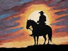 a painting of a man riding a horse at sunset