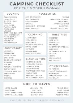 the camping checklist for the modern woman is shown in blue and white with text