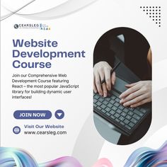 a flyer for a web development course with hands typing on a keyboard and multicolored swirls in the background