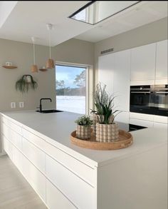 a kitchen with white cabinets and an island in front of a window that has plants on it