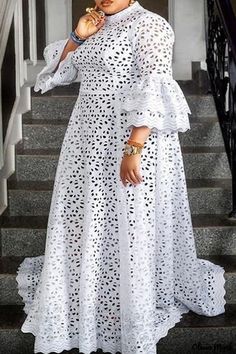 Olivia Mark - Flattering Plus Size White Casual Dress with O-Neck Design, Patchwork and Flounce Details Muslim Fashion Abayas, Beautiful Lace Dresses, Lace Gown Styles, African Lace Dresses, Cutout Maxi Dress, Casual White Dress, African Lace, Vestidos Vintage, African Dresses