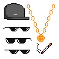 pixel art style items including sunglasses, hat and necklace