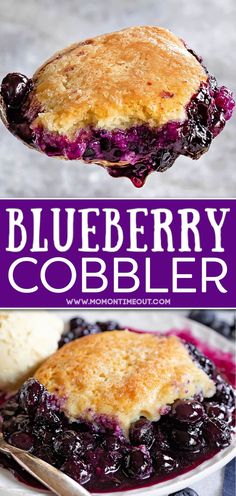 blueberry cobbler on a plate with ice cream in the background and text overlay that reads, blueberry cobbler