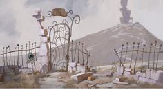 a painting of an old cemetery with a mountain in the background