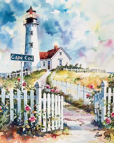 a watercolor painting of a lighthouse with a sign that says cape coast on it