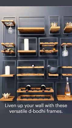 several shelves with wine bottles and vases on them