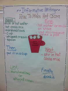 a bulletin board with writing about ice cream and how to make hot cocoa on it