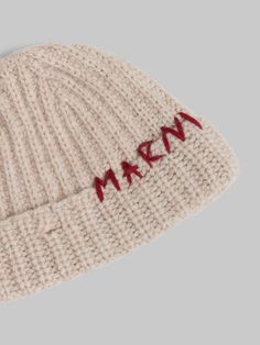 Fisherman rib beanie knitted from Shetland wool. Hand-stitched Marni Mending logo securing the turn-up. Winter Wool Hats With Embroidered Logo, Marni Beanie, Beanie Knitted, Flat Heel Boots, Trunk Bag, Shetland Wool, Wool Beanie, Boot Accessories, Women Essentials