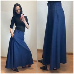 Lovely long maxi skirt from 1970s, early 1980s by  Berwin & Wolff. The skirt has nice quality wool fabric with elegant drape.  The fabric is 70% wool and 30% polyester. The skirt has full lining. The lining is 100% acetat. Zipper and button closure. Two big pockets. Ankle length. The waist is 72 cm. Lovely piece in mint condition! Estimated current size: EU 34-38 US 2-6 UK 6-10 The model on the photos is 174 cm tall; bust 86 cm, waist 66 cm, hips 89 cm (EU 34-36). NB! FOR EXPRESS DELIVERY WITH D Navy Long Lined Skirt, Blue A-line Maxi Skirt With Lined Skirt, Denim Blue Full-length Maxi Skirt, Non-stretch Long Denim Blue Skirt, Non-stretch Blue Lined Maxi Skirt, Vintage Maxi Skirt, Long Maxi Skirt, Big Pockets, Elegant Drapes