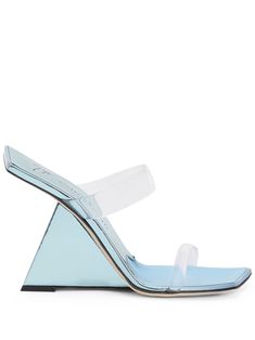 light blue mirror effect transparent straps branded leather insole open square toe open square back 105mm high wedge heel Light Blue Mirror, Cool Heels, 2000s Shoes, Giuseppe Zanotti Shoes, High Wedges, Blue Mirror, Boot Jewelry, Mirror Effect, Cute Heels