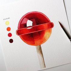 a watercolor painting of a red flower on white paper next to a pen and marker