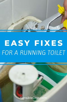 a person is holding a pair of pliers over a sink with the words easy fixes for a running toilet