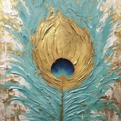 a gold and blue painting with a peacock feather on it's side, in front of a white background