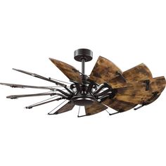 a ceiling fan with wooden blades on it's blades and an iron blade design