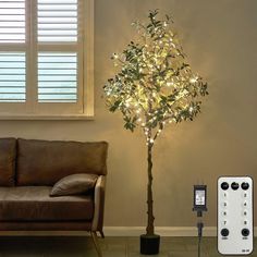 a living room with a couch and a lighted tree in the corner next to a remote control