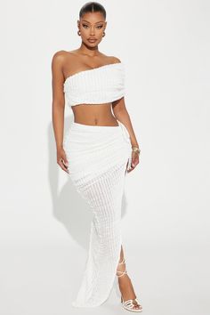 Angelic One Shoulder Midi Skirt Set - Ivory Assymetrical Skirt Outfits, Two Piece Skirt Set Classy, Skirt Set Outfit, Tube Jumpsuit, 2 Piece Skirt Set, Fashion Nova Outfits, Shoulder Crop Top, Spring Summer Dress, White Skirts