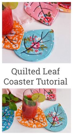 an image of some colorful coasters with flowers on them and the words quilted leaf coaster