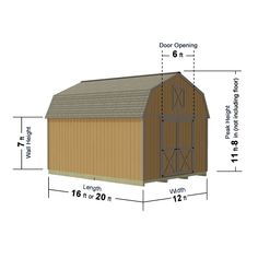 a barn with measurements for the roof and side walls