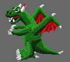 a pixellated image of a green dragon with red wings and tail, standing on one leg