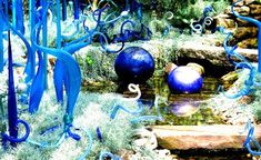 some blue glass balls and plants in the water