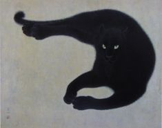 a painting of a black cat sitting on its hind legs with one paw in the air