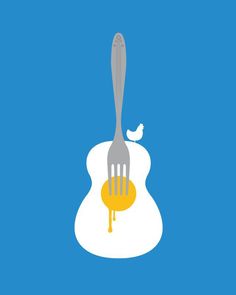 a fork sticking out of an egg on top of a blue background with a bird sitting on it