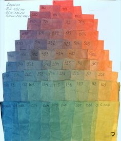 a large stack of colored papers with numbers on them and the words written in each row