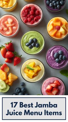 A vibrant display of colorful Jamba Juice smoothies and bowls, showcasing a variety of fresh fruits and ingredients, perfect for a healthy and delicious treat. Acai Smoothie Recipe, Juice Cafe, Juice Menu, Waffle Bowl, Juice Smoothies Recipes, Acai Smoothie