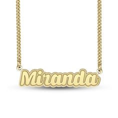 Gift her a sure-to-be-treasured fashion statement she'll want to wear with everything - this lovely personalized name necklace. Fashioned in your choice of sterling silver or sterling silver with 24K gold plate This design showcases her name - from three to nine characters in length with up to two uppercase letters - gleaming in a playful script font with shadow-like border. This name art suspends centered along a curb chain. The 20.0-inch necklace secures with a lobster claw clasp. Custom Name Signature Jewelry For Personalized Gift, Yellow Gold Necklaces With Names For Anniversary, Anniversary Yellow Gold Name Necklace, Gold Name Necklaces For Anniversary, Custom Name Gold Plated Nameplate Jewelry, Gold Plated Custom Name Jewelry Nameplate, Custom Name Gold-plated Nameplate Jewelry, Custom Name Necklace In Yellow Gold For Anniversary, Gold Plated Nameplate Necklace For Anniversary