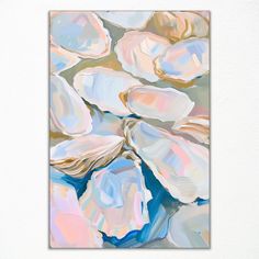 an abstract painting of pink and blue flowers in pastel colors on a white wall