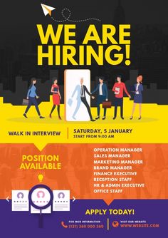 we are hiring flyer with people walking around