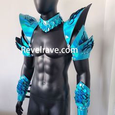 a male mannequin with blue and silver armor on it's chest,