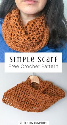 a woman wearing a crochet scarf with the text, simple scarf free crochet pattern