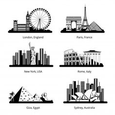 the world's most famous cities are depicted in this black and white illustration set