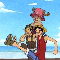 an animated image of two people with hats on and one holding the other's back