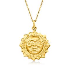 Ross-Simons - 14kt Yellow Gold Satin and Polished Sun Pendant Necklace. 20". Here comes the sun! This charming pendant necklace beams a blissful grin as he shines in satin and polished 14kt yellow gold. Suspends from a rope chain. Springring clasp, 14kt yellow gold sun pendant necklace. Sun Pendant, Here Comes The Sun, Gold Sun, Gold Satin, Here Comes, Fine Jewellery Necklace, Rope Chain, Free Jewelry, Pendant Jewelry