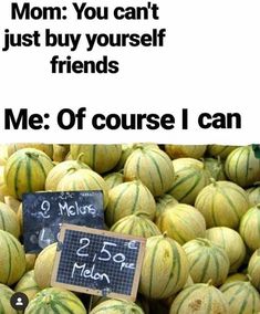 a pile of watermelons sitting next to each other with a sign that says mom you can't just buy yourself friends me of course i can