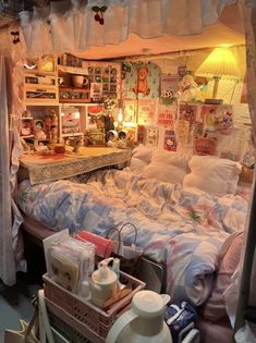 a bedroom with lots of clutter on the floor