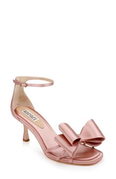 A voluminous vamp bow amplifies the elegant appeal of a luxe satin sandal set on a cushioned footbed and tapered heel. 2 1/2" heel Adjustable ankle strap with buckle closure Memory foam cushioning Textile upper/leather lining and sole Imported Pink Heels With Satin Bow For Wedding, Pink Wedding Heels With Satin Bow, Pink Wedding Sandals With Bow, Elegant Party Heels With Pink Bow, Open Toe Kitten Heels, Flat Booties, Mid Heel Sandals, Wedges Heels, Strap Sandals Women