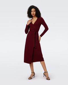 Crafted from a soft cashmere wool blend, the Astrid midi dress has a cozy-chic feel. This true wrap dress has long sleeves, a V-neckline, and ties at the waist. A bestseller year after year, this piece has a simple, polished look that can be dressed up or down.Eloisa is 5 Foot and 8 Inches and wearing a size XS. Wool Wrap Dress, Wrap Dresses, Wrap Dress Dvf, Dvf Wrap Dress, Wrap Dress Styles, Dress Stands, Knit Wrap Dress, Cashmere Fabric, Cashmere Wrap