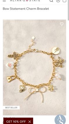 Coach Charm Bracelet, Charm Bracelet Aesthetic, Bow Charm, Heart Lock, Pearl Heart, Gold Charm Bracelet, Altard State, Altar'd State, Gold Charm