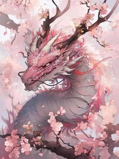 a dragon sitting on top of a tree filled with pink flowers