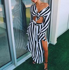 Women Fashion Striped Suit Sets Tied Crop Top &Side Slit Skirts Se... Striped Two Piece Outfit, Jungkook Outfits, Tied Crop Top, Striped Suit, Striped Two Piece, Trend Fashion, Dresses Shoes, Looks Style, Clothing Dresses