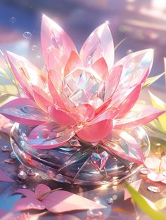 a pink flower sitting on top of a glass bowl filled with water lilies and butterflies