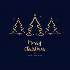 merry christmas and happy new year greeting card with gold trees on dark blue background illustration