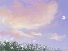 the sky is filled with pink clouds and white daisies